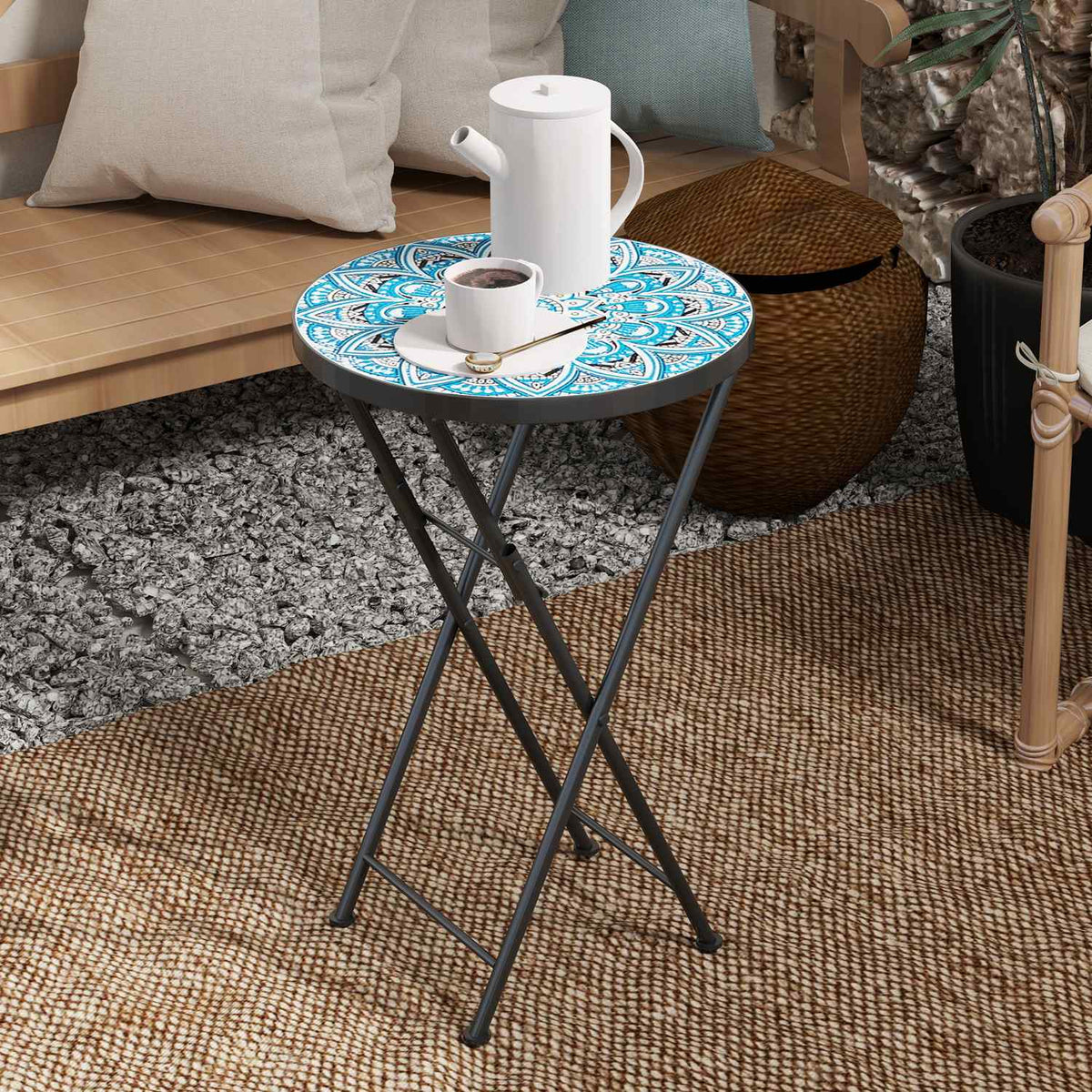 Side table, folding garden table with mosaic design, diameter 35.5 x 55 cm, round weatherproof balcony table made of metal, camping table, folding table, coffee table for living room, office, outdoor, indoor, blue