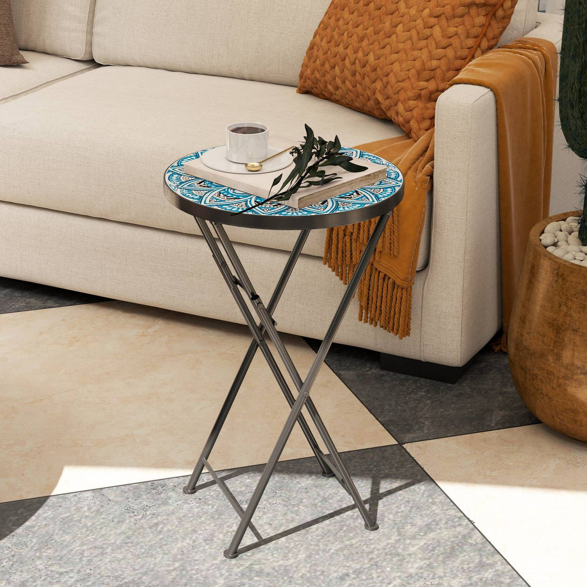 Side table, folding garden table with mosaic design, diameter 35.5 x 55 cm, round weatherproof balcony table made of metal, camping table, folding table, coffee table for living room, office, outdoor, indoor, blue