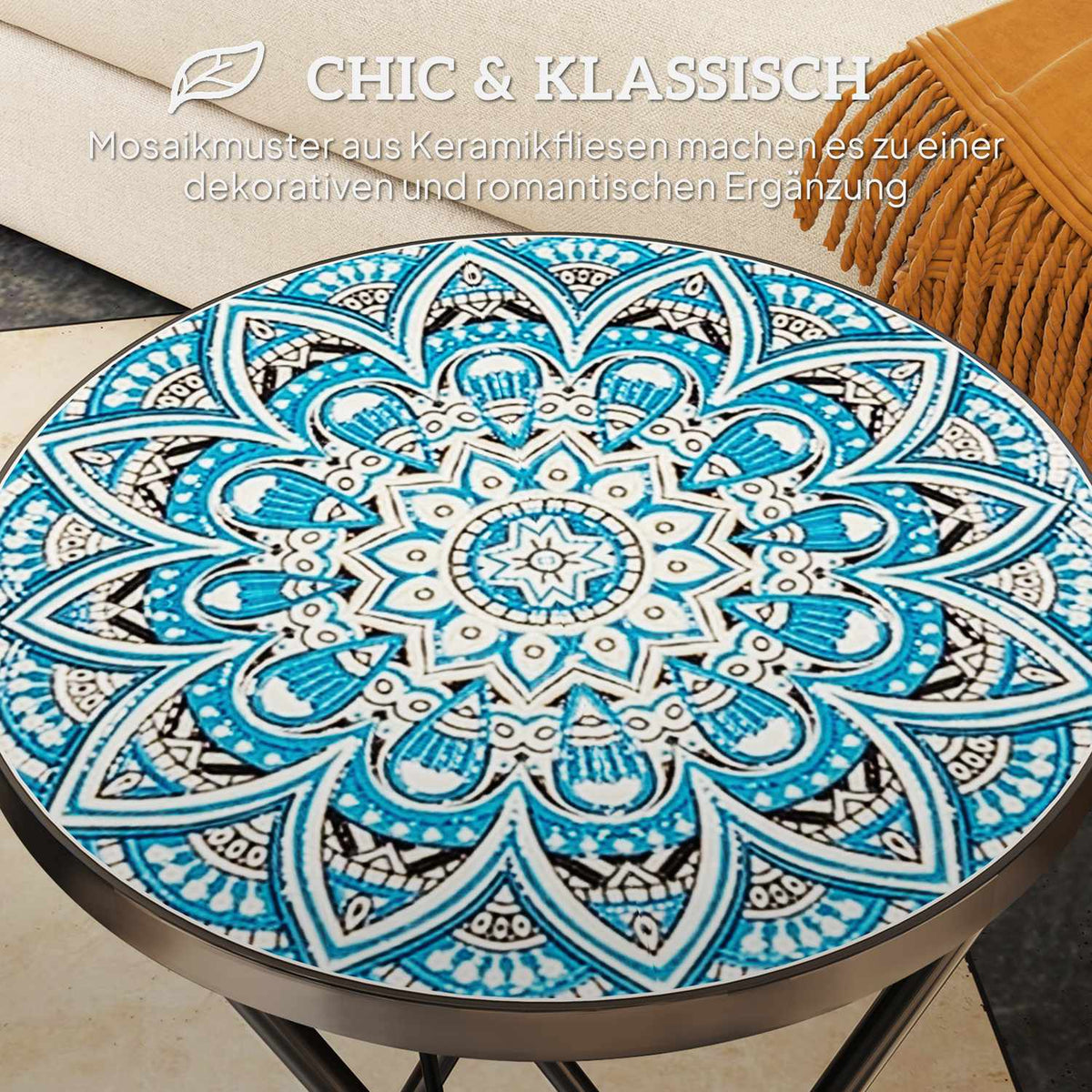 Side table, folding garden table with mosaic design, diameter 35.5 x 55 cm, round weatherproof balcony table made of metal, camping table, folding table, coffee table for living room, office, outdoor, indoor, blue