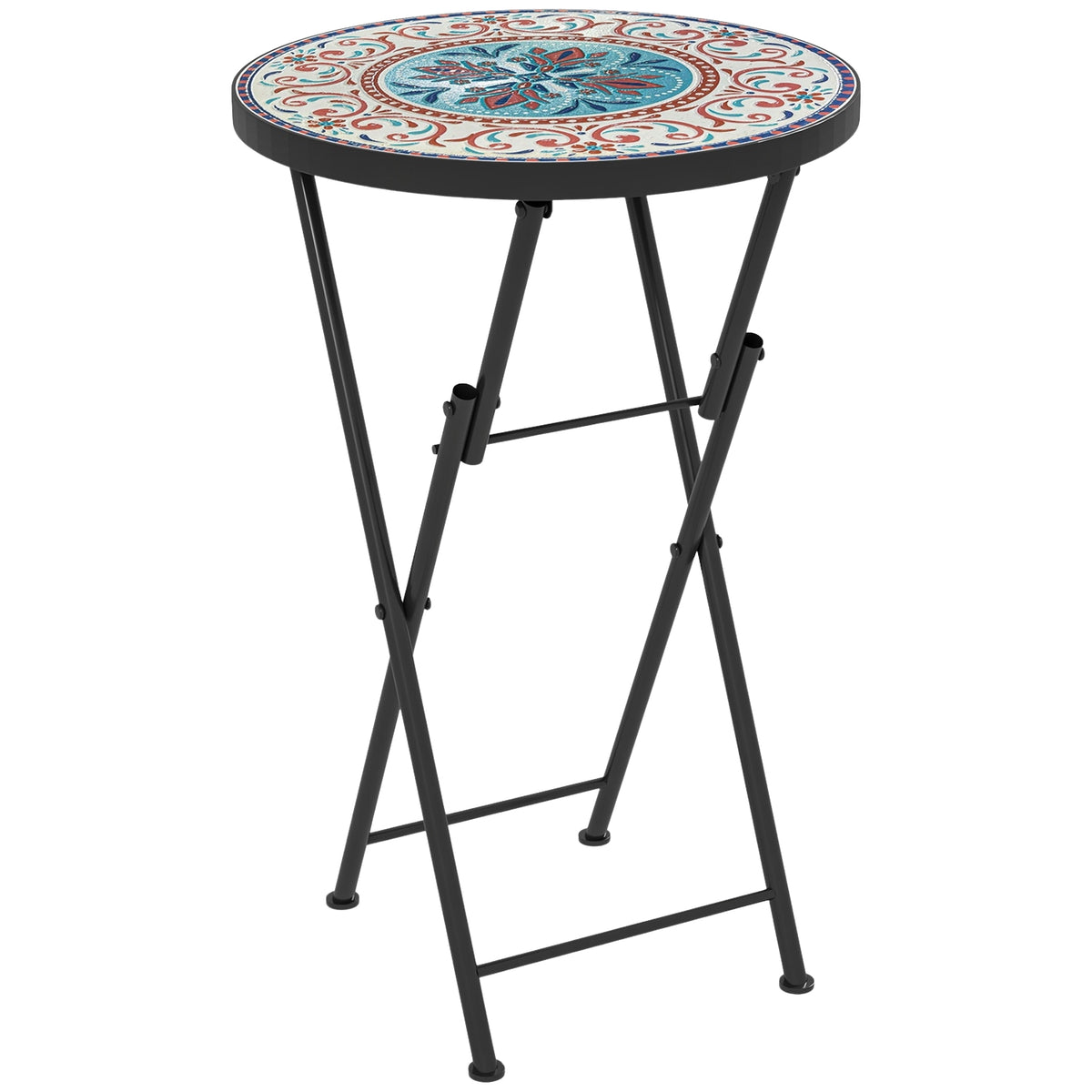 Side table, folding garden table with mosaic design, diameter 35.5 x 55 cm, round weatherproof balcony table made of metal, camping table, folding table, coffee table for living room, office, outdoor, indoor, multi-coloured