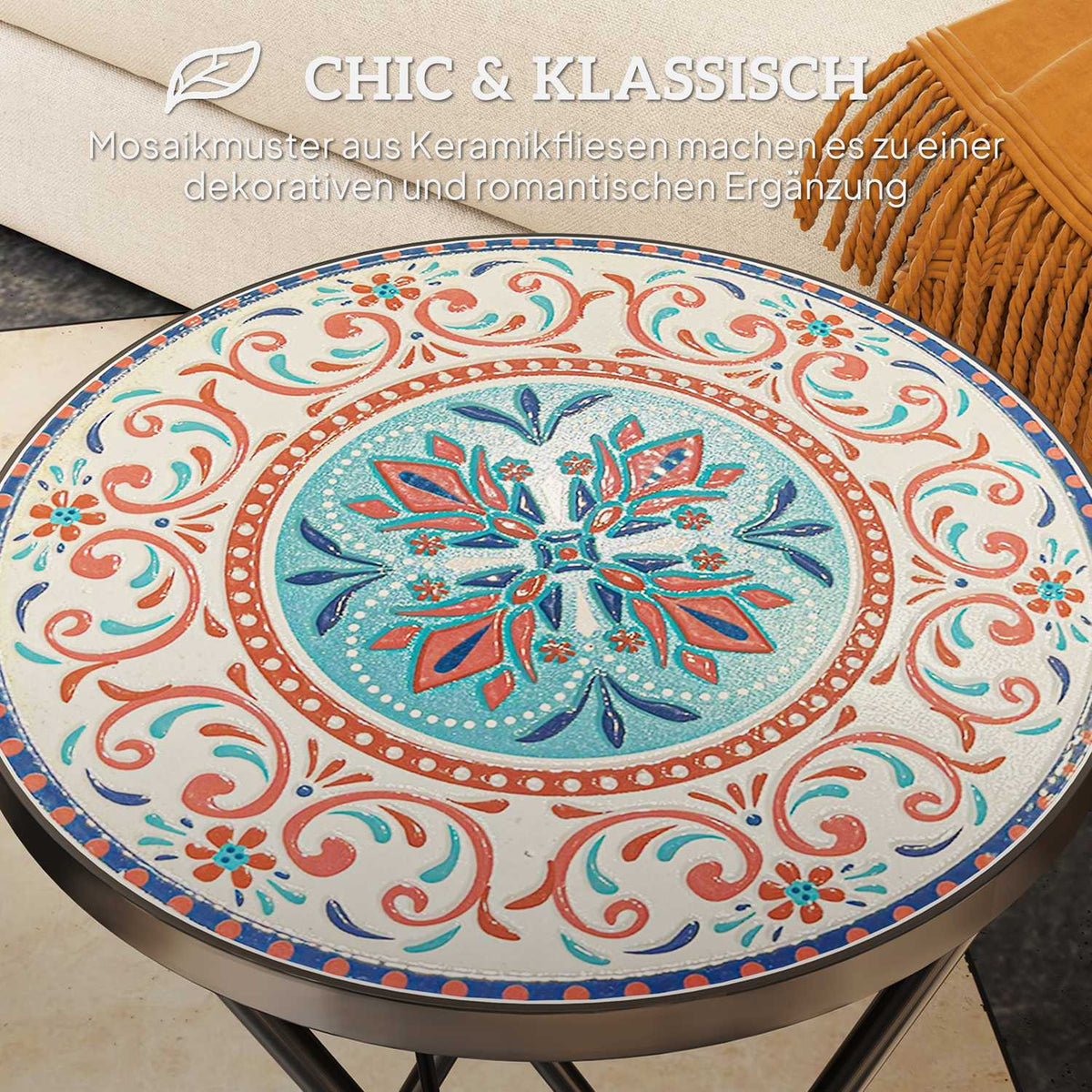 Side table, folding garden table with mosaic design, diameter 35.5 x 55 cm, round weatherproof balcony table made of metal, camping table, folding table, coffee table for living room, office, outdoor, indoor, multi-coloured