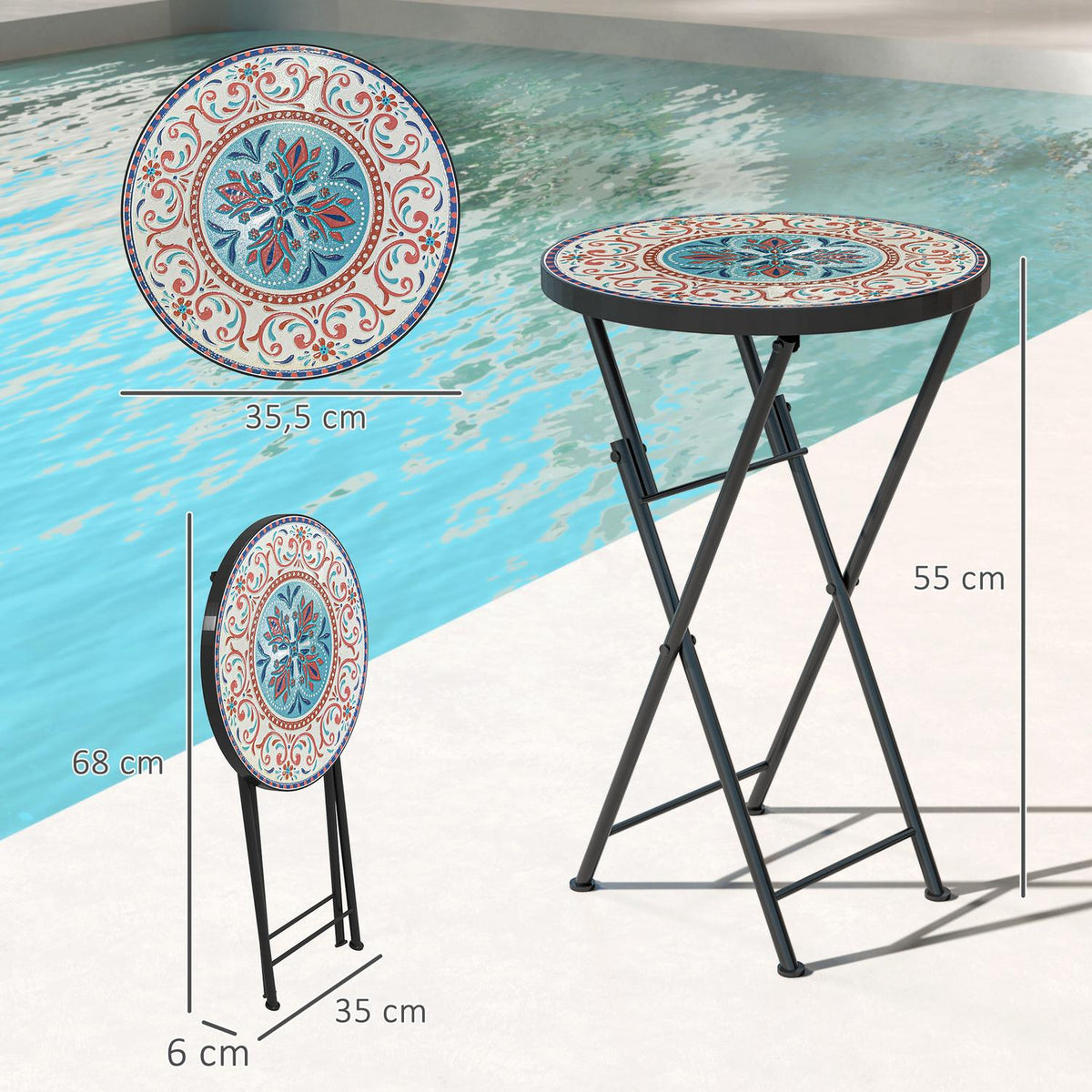 Side table, folding garden table with mosaic design, diameter 35.5 x 55 cm, round weatherproof balcony table made of metal, camping table, folding table, coffee table for living room, office, outdoor, indoor, multi-coloured