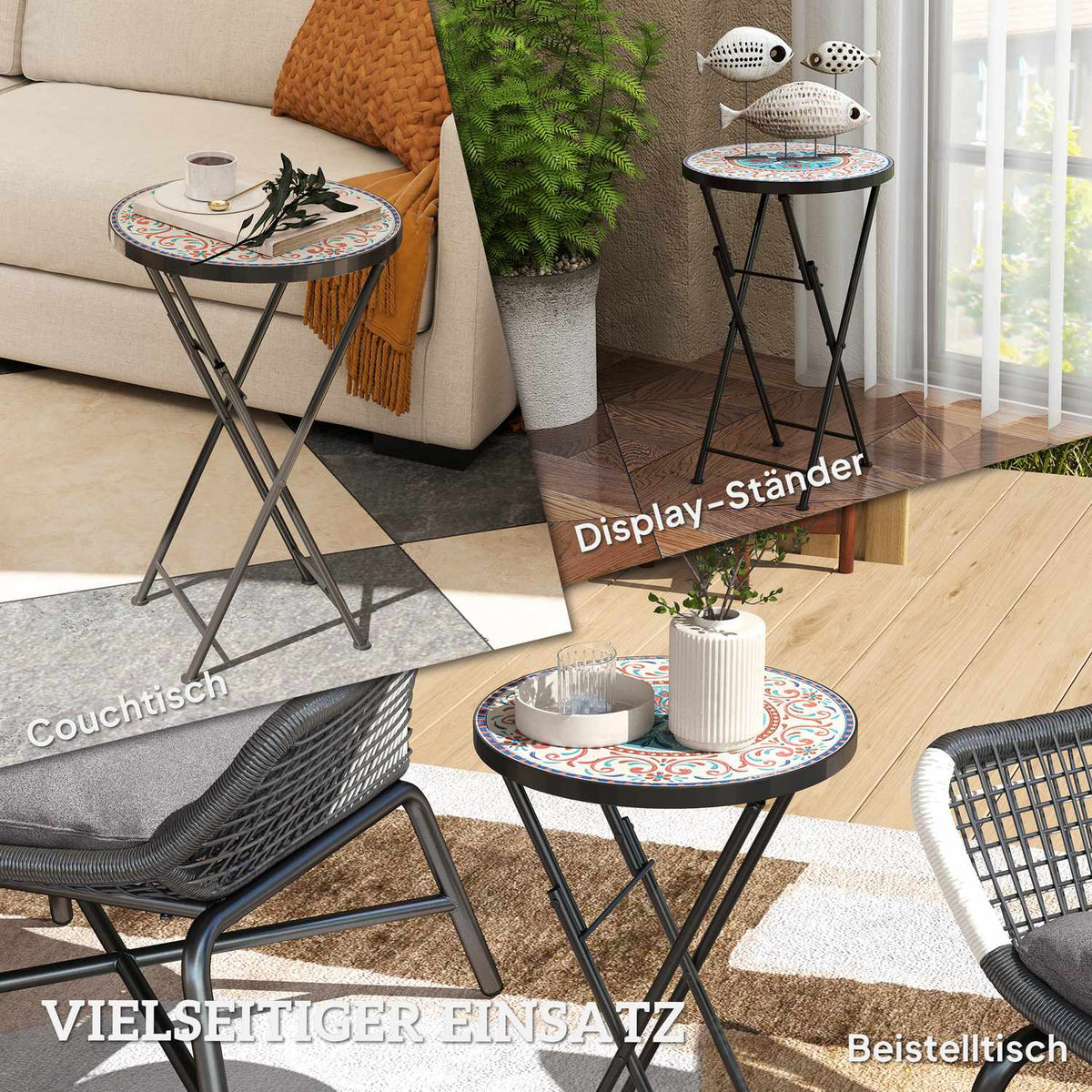 Side table, folding garden table with mosaic design, diameter 35.5 x 55 cm, round weatherproof balcony table made of metal, camping table, folding table, coffee table for living room, office, outdoor, indoor, multi-coloured