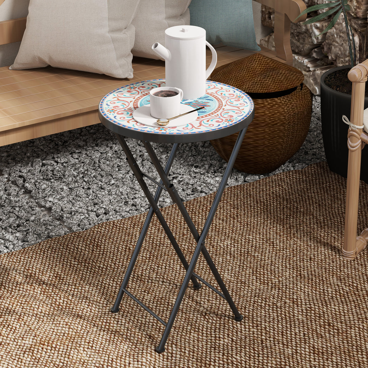 Side table, folding garden table with mosaic design, diameter 35.5 x 55 cm, round weatherproof balcony table made of metal, camping table, folding table, coffee table for living room, office, outdoor, indoor, multi-coloured