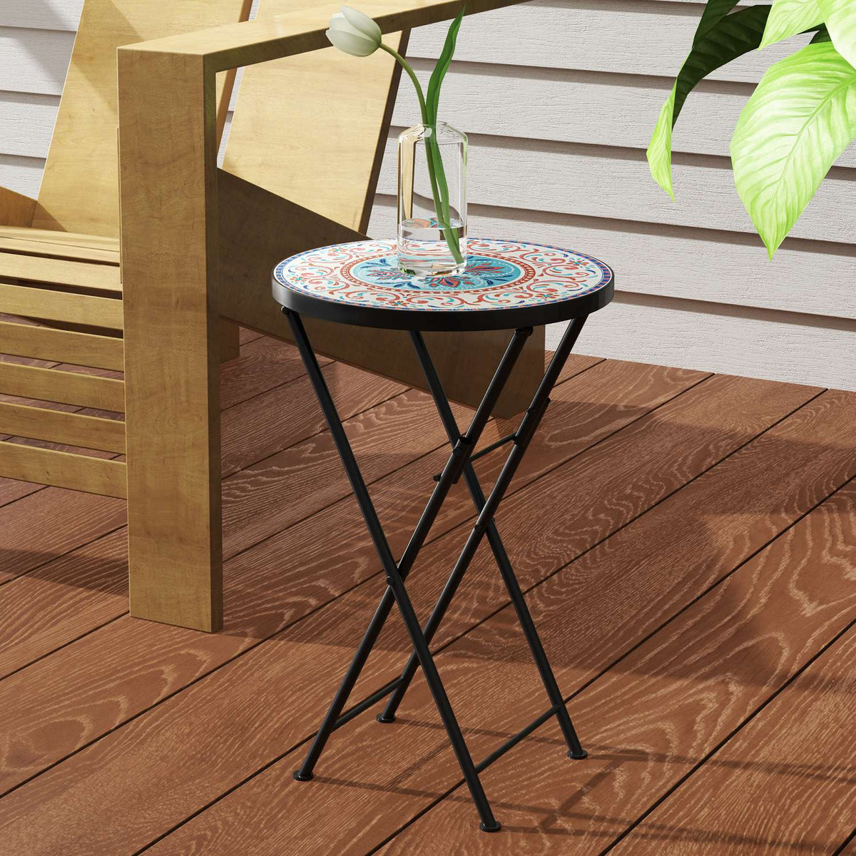 Side table, folding garden table with mosaic design, diameter 35.5 x 55 cm, round weatherproof balcony table made of metal, camping table, folding table, coffee table for living room, office, outdoor, indoor, multi-coloured