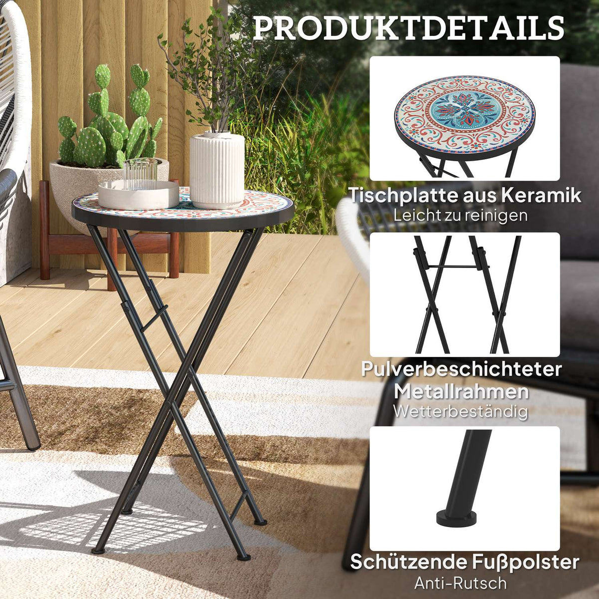 Side table, folding garden table with mosaic design, diameter 35.5 x 55 cm, round weatherproof balcony table made of metal, camping table, folding table, coffee table for living room, office, outdoor, indoor, multi-coloured