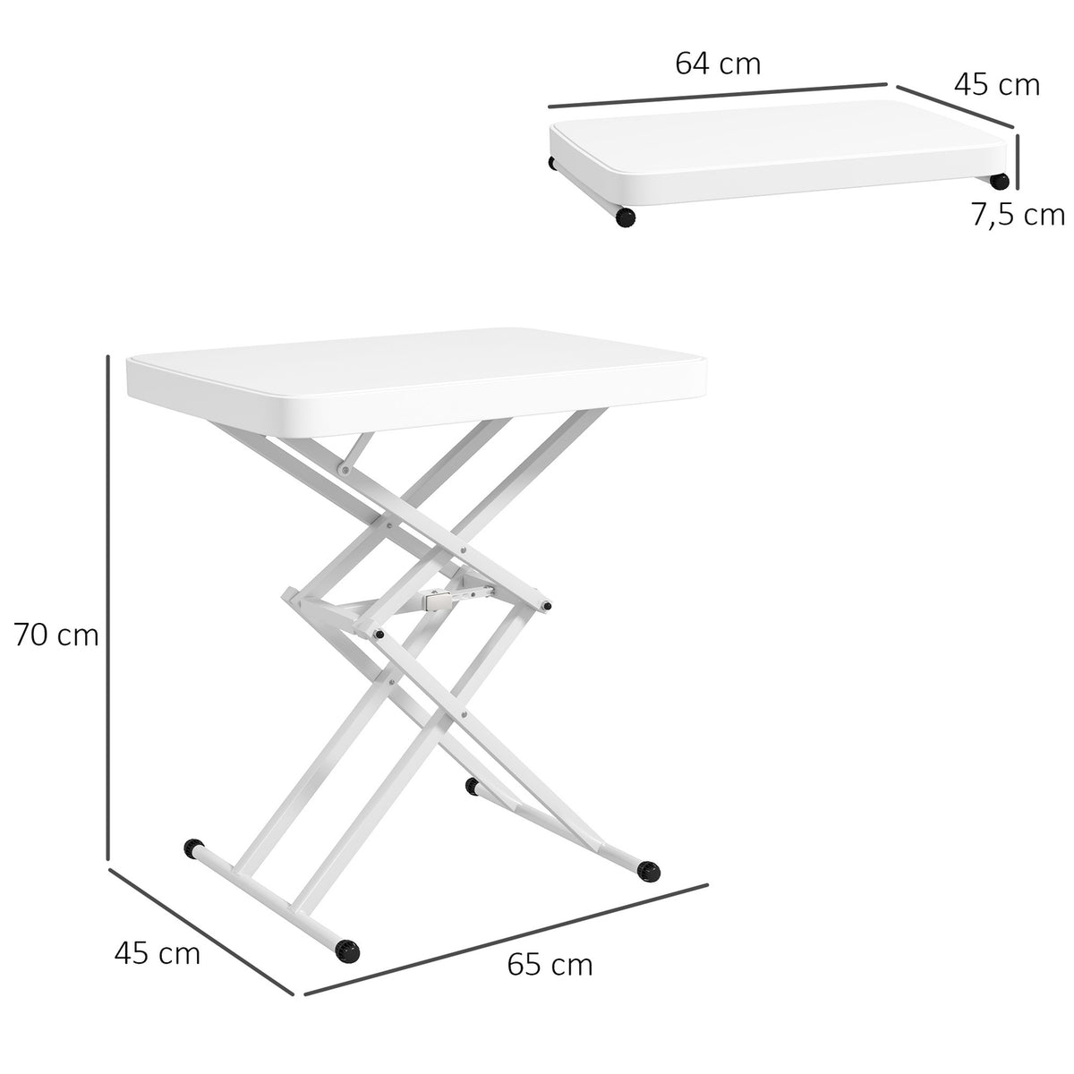 Side table garden height-adjustable garden table, foldable balcony table made of plastic, rectangular coffee table 50kg load capacity, 65x45x70H cm sofa table for outdoor indoor balcony terrace white