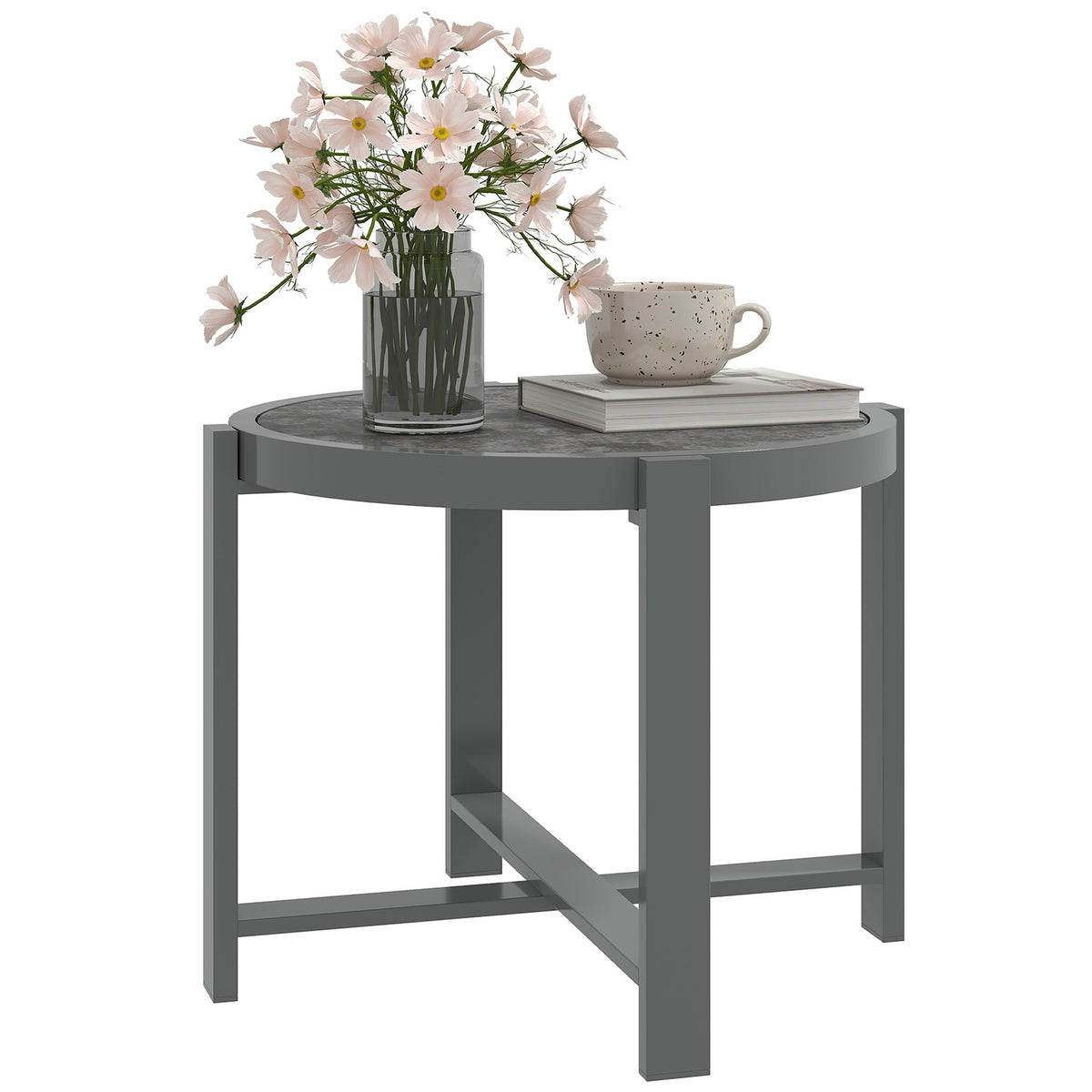Side table garden table round weatherproof aluminum balcony table with marble look camping table coffee table for living room office outdoor indoor gray |