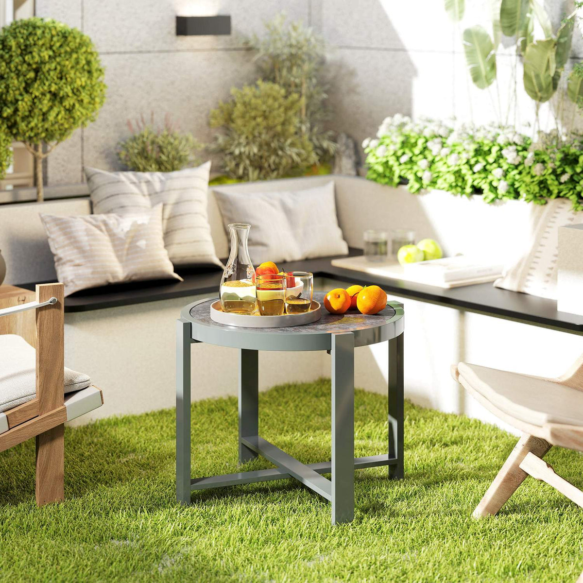 Side table garden table round weatherproof aluminum balcony table with marble look camping table coffee table for living room office outdoor indoor gray |