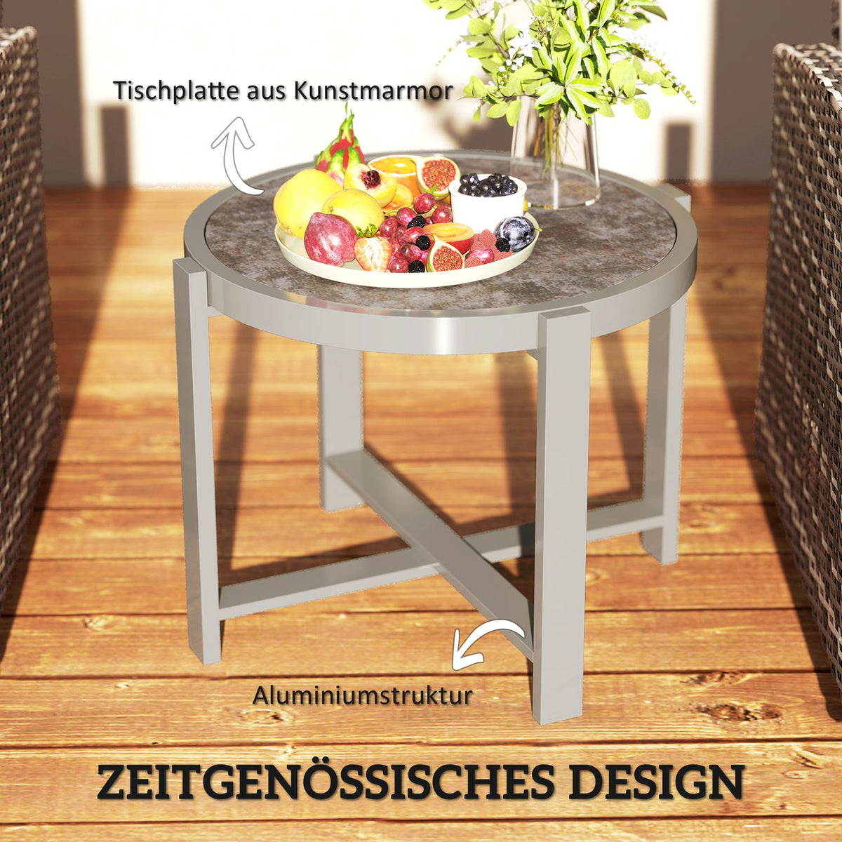 Side table garden table round weatherproof aluminum balcony table with marble look camping table coffee table for living room office outdoor indoor gray |