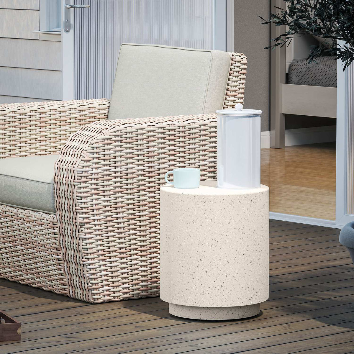 Side table, living room table with stone look, coffee table, sofa table, coffee table for living room, garden Ø37 x 43 cm, cream white |