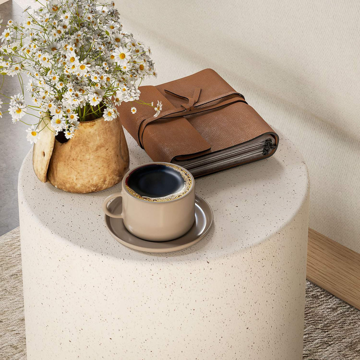Side table, living room table with stone look, coffee table, sofa table, coffee table for living room, garden Ø37 x 43 cm, cream white |