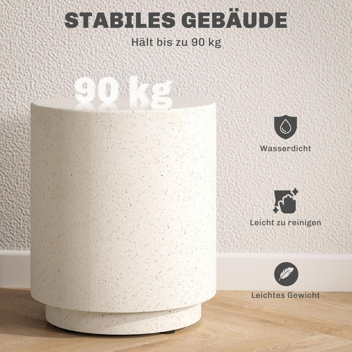 Side table, living room table with stone look, coffee table, sofa table, coffee table for living room, garden Ø37 x 43 cm, cream white |