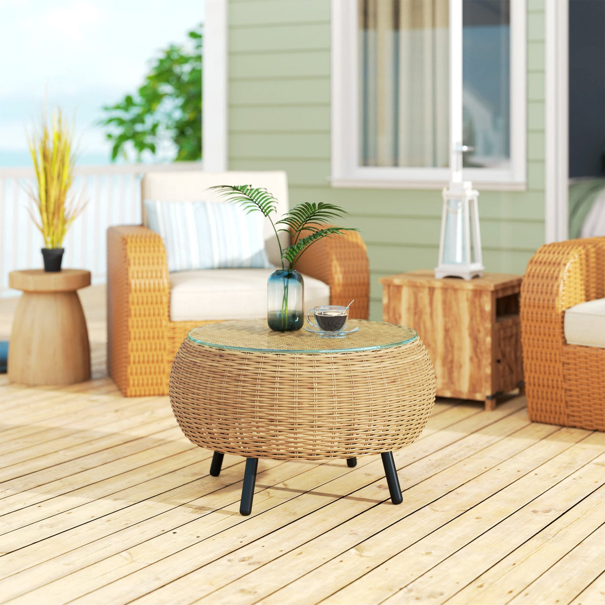 Side table made of polyrattan, round coffee table, coffee table with glass table top, balcony table, garden table, sofa table, tea table, rattan table for garden, terrace, balcony, Ø75 x 42 cm, brown