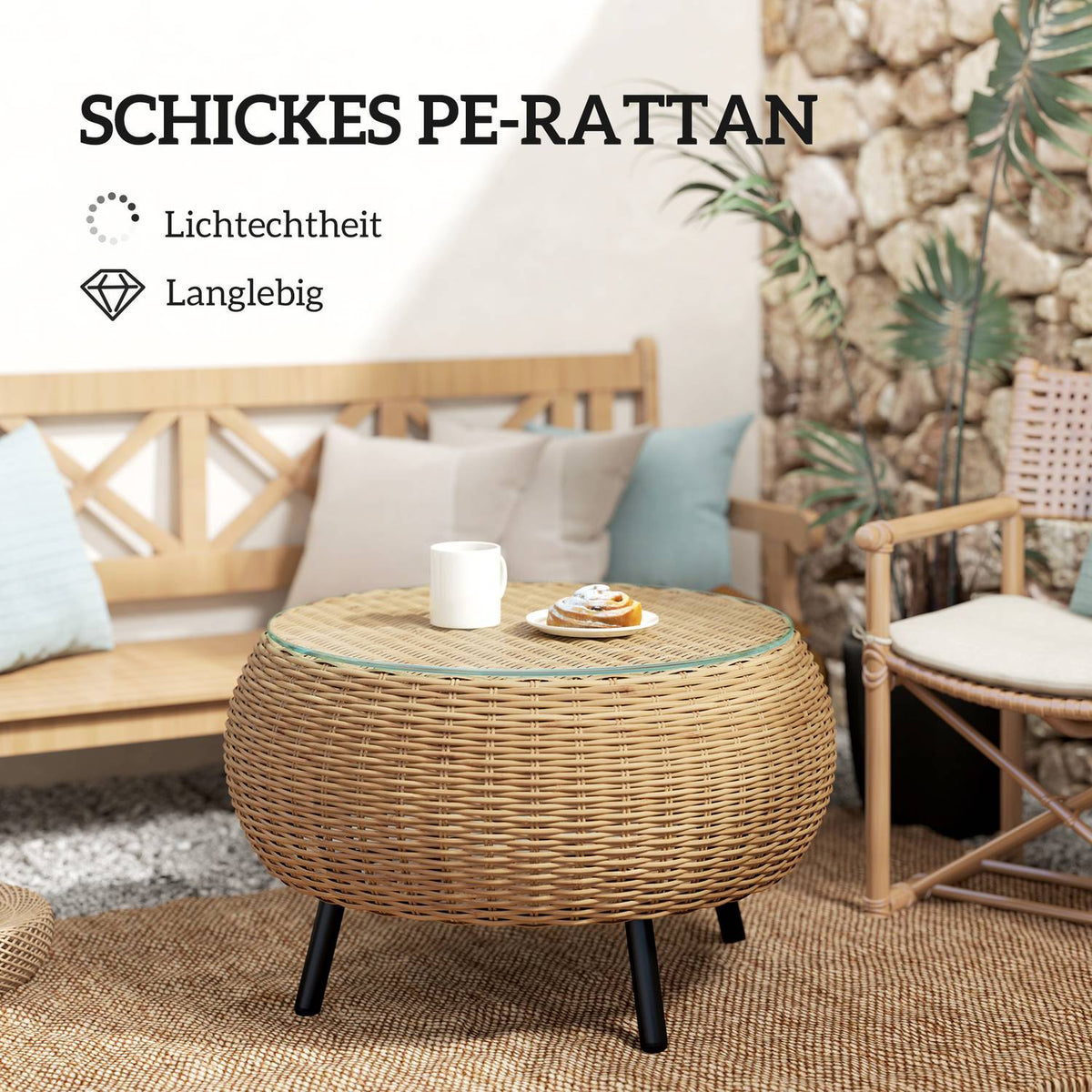 Side table made of polyrattan, round coffee table, coffee table with glass table top, balcony table, garden table, sofa table, tea table, rattan table for garden, terrace, balcony, Ø75 x 42 cm, brown