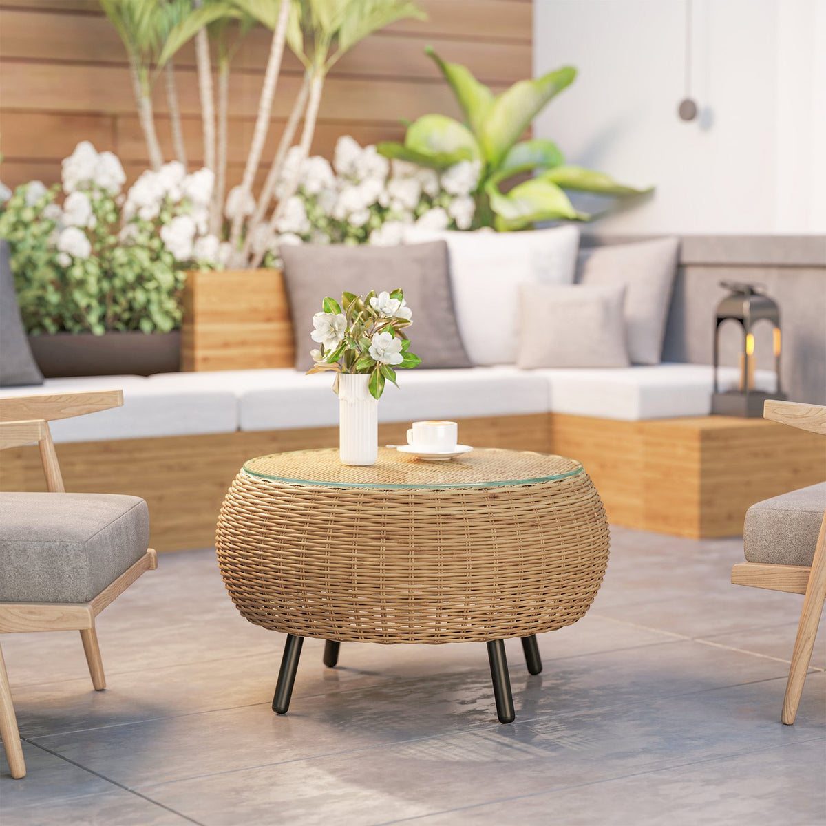 Side table made of polyrattan, round coffee table, coffee table with glass table top, balcony table, garden table, sofa table, tea table, rattan table for garden, terrace, balcony, Ø75 x 42 cm, brown