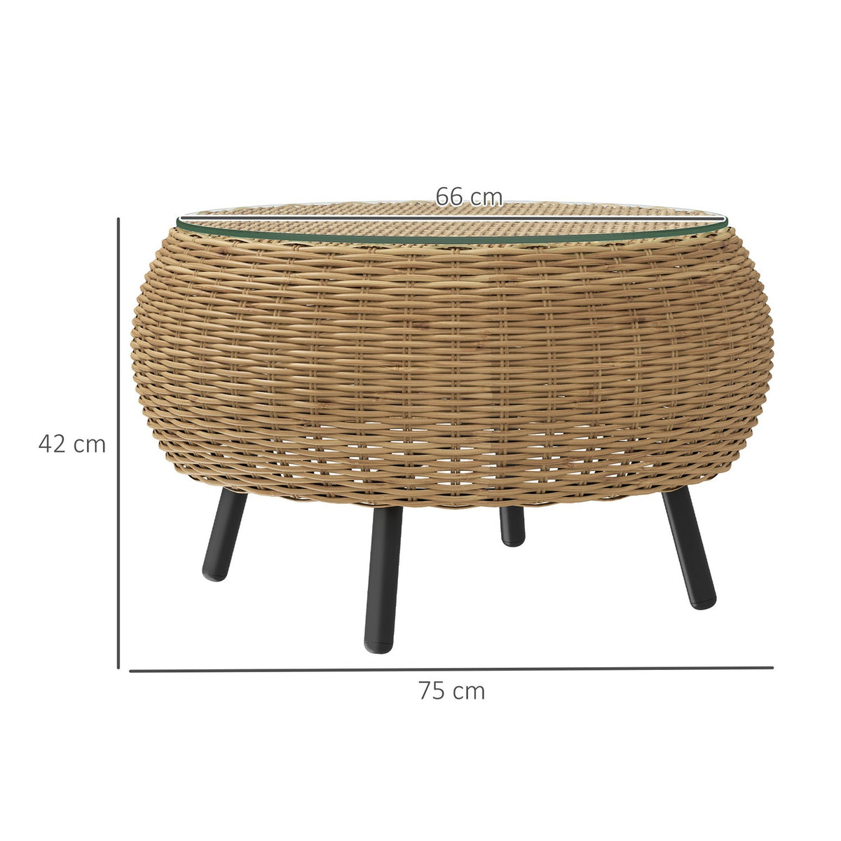 Side table made of polyrattan, round coffee table, coffee table with glass table top, balcony table, garden table, sofa table, tea table, rattan table for garden, terrace, balcony, Ø75 x 42 cm, brown