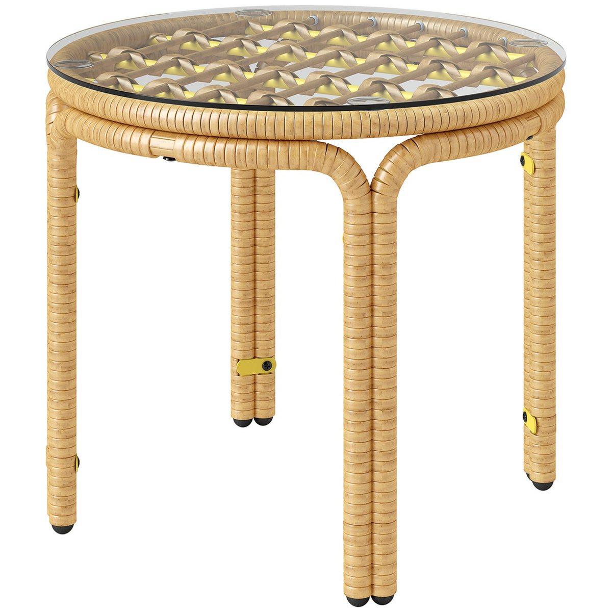 Side table made of polyrattan, round coffee table with glass table top, bedside table, garden table, garden furniture, coffee table, sofa table for living room, garden, terrace, balcony, Ø50 cm, yellow