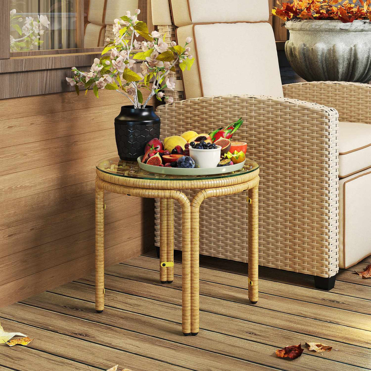 Side table made of polyrattan, round coffee table with glass table top, bedside table, garden table, garden furniture, coffee table, sofa table for living room, garden, terrace, balcony, Ø50 cm, yellow