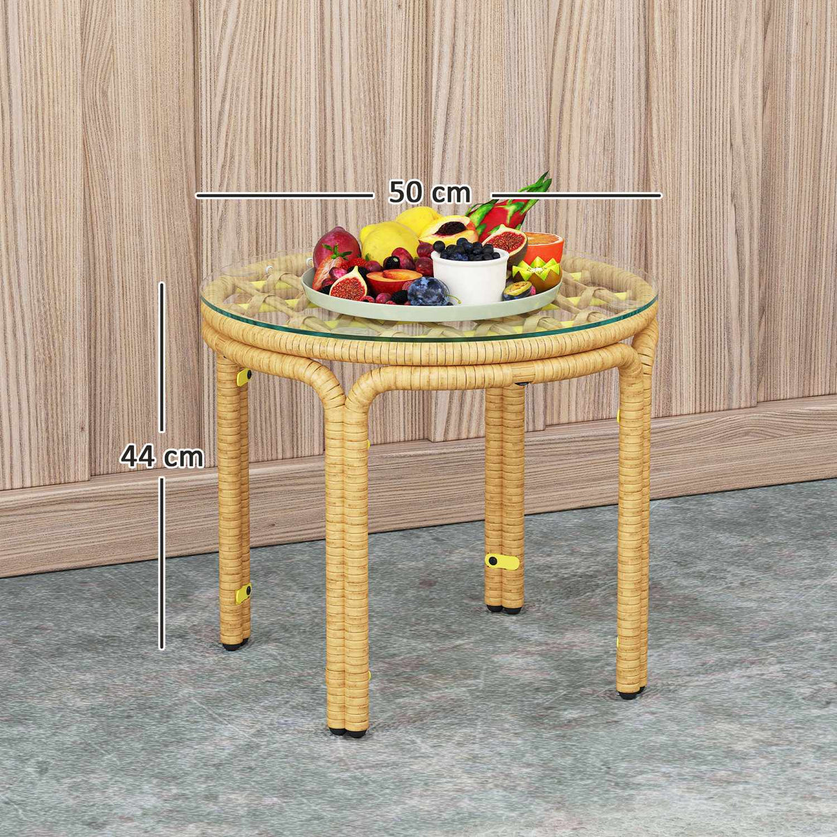 Side table made of polyrattan, round coffee table with glass table top, bedside table, garden table, garden furniture, coffee table, sofa table for living room, garden, terrace, balcony, Ø50 cm, yellow