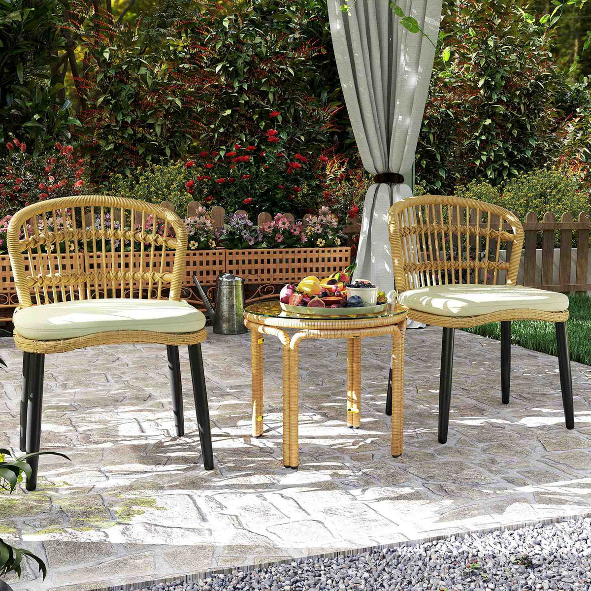 Side table made of polyrattan, round coffee table with glass table top, bedside table, garden table, garden furniture, coffee table, sofa table for living room, garden, terrace, balcony, Ø50 cm, yellow