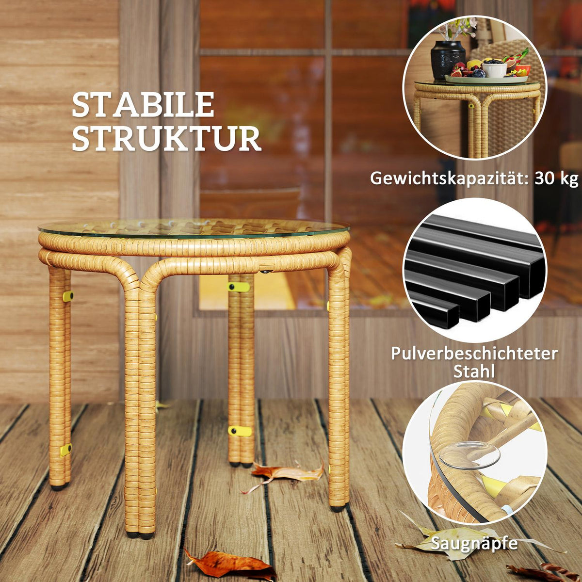 Side table made of polyrattan, round coffee table with glass table top, bedside table, garden table, garden furniture, coffee table, sofa table for living room, garden, terrace, balcony, Ø50 cm, yellow