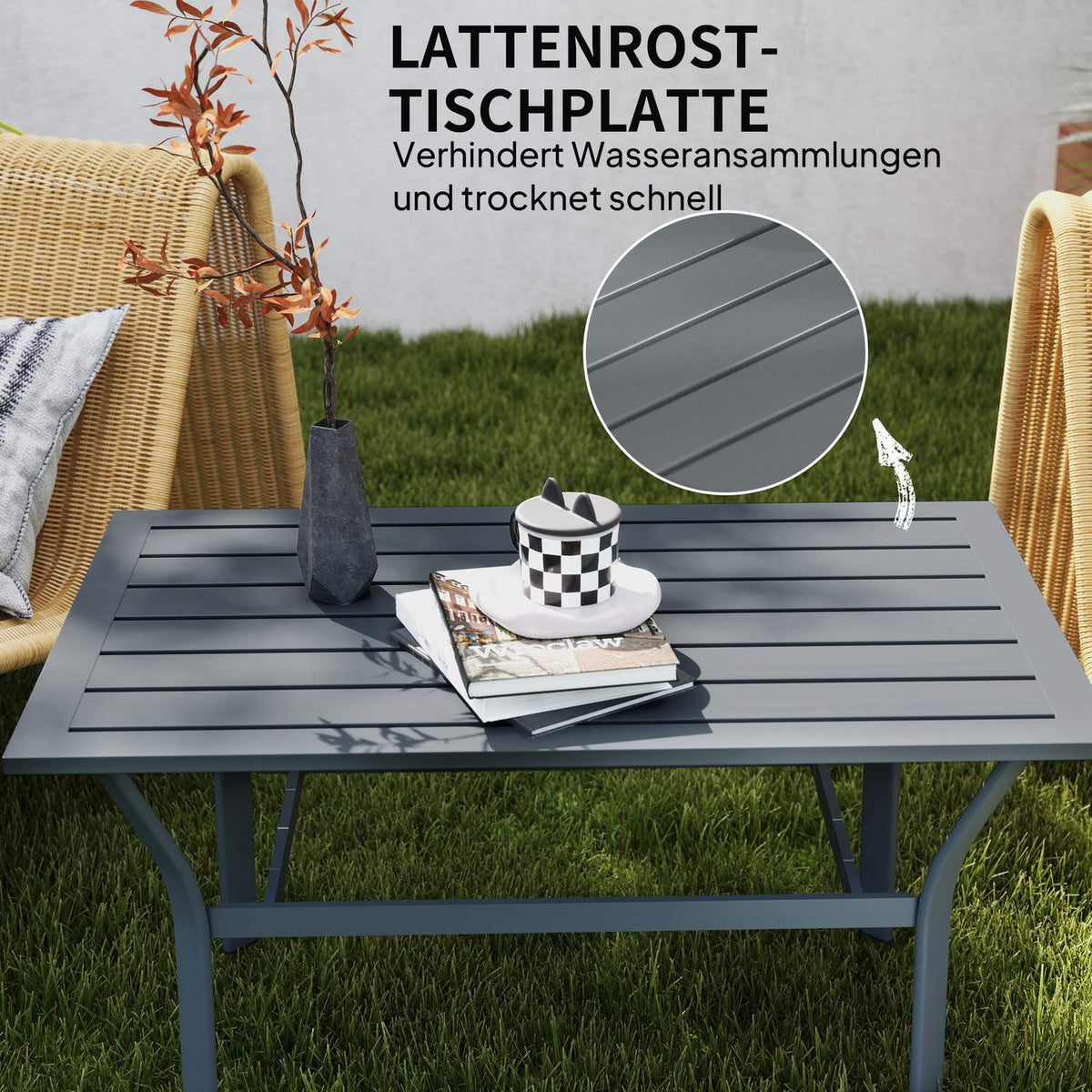 Side table metal balcony table with slat design weatherproof coffee table garden table easy-care sofa table outdoor table for balcony garden terrace veranda 91.5 x 55 x 45 cm dark gray