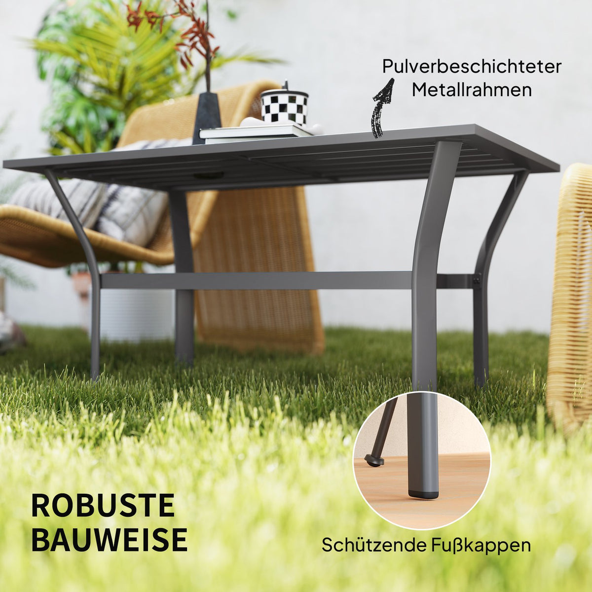 Side table metal balcony table with slat design weatherproof coffee table garden table easy-care sofa table outdoor table for balcony garden terrace veranda 91.5 x 55 x 45 cm dark gray