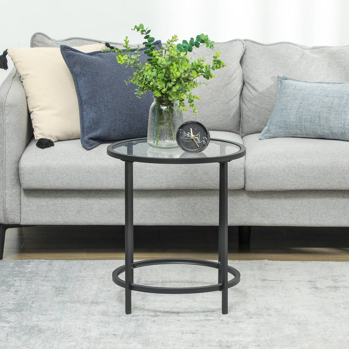 Side table round coffee table with glass table top, metal frame, coffee table, bedside table for living room, bedroom, black, Ø48 x 54.7 cm