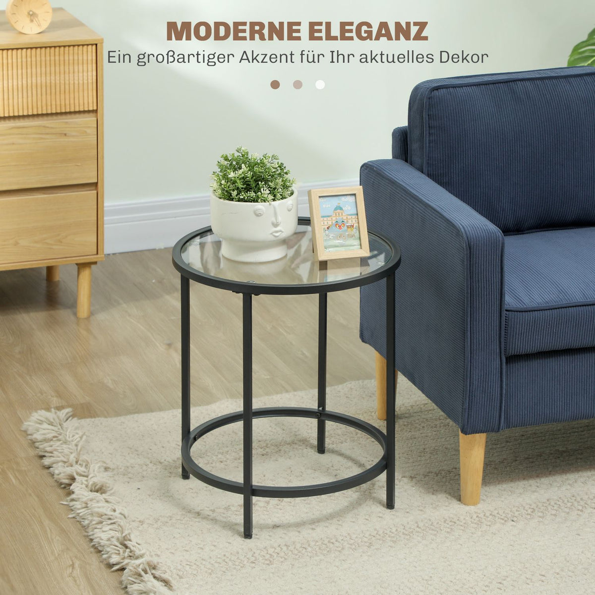 Side table round coffee table with glass table top, metal frame, coffee table, bedside table for living room, bedroom, black, Ø48 x 54.7 cm