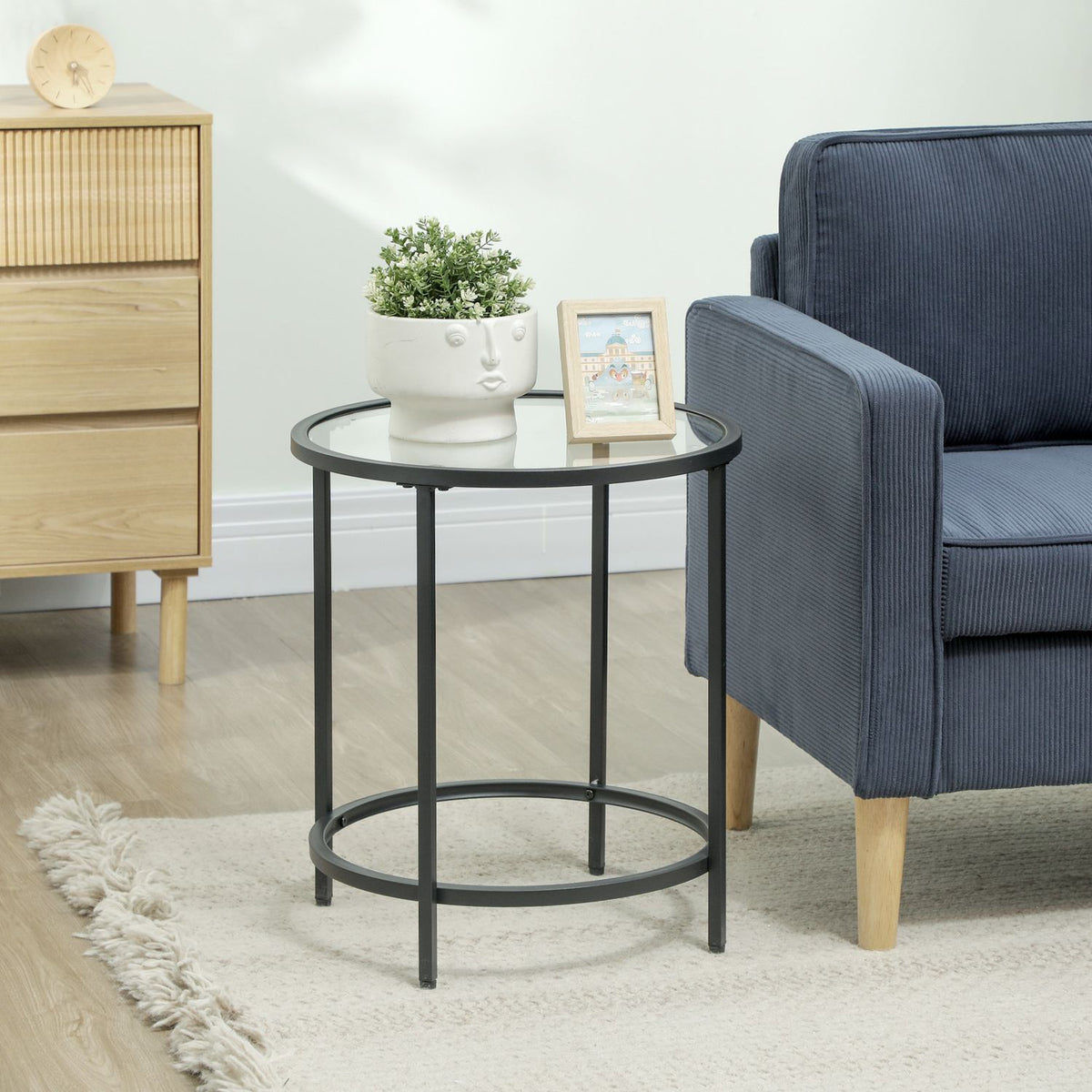 Side table round coffee table with glass table top, metal frame, coffee table, bedside table for living room, bedroom, black, Ø48 x 54.7 cm