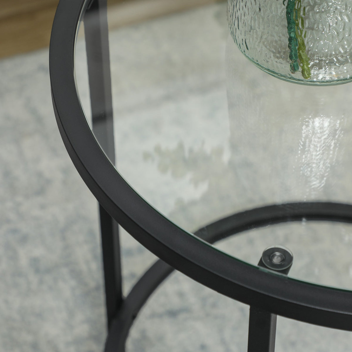 Side table round coffee table with glass table top, metal frame, coffee table, bedside table for living room, bedroom, black, Ø48 x 54.7 cm