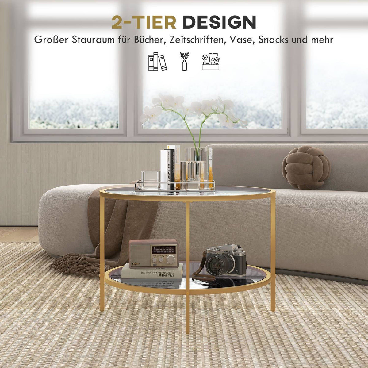 Side table round coffee table with shelf, steel frame, coffee table, bedside table for living room, bedroom, gold, Ø60 x 43 cm