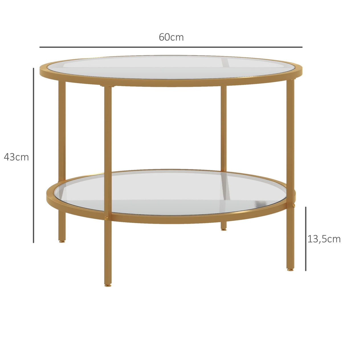Side table round coffee table with shelf, steel frame, coffee table, bedside table for living room, bedroom, gold, Ø60 x 43 cm