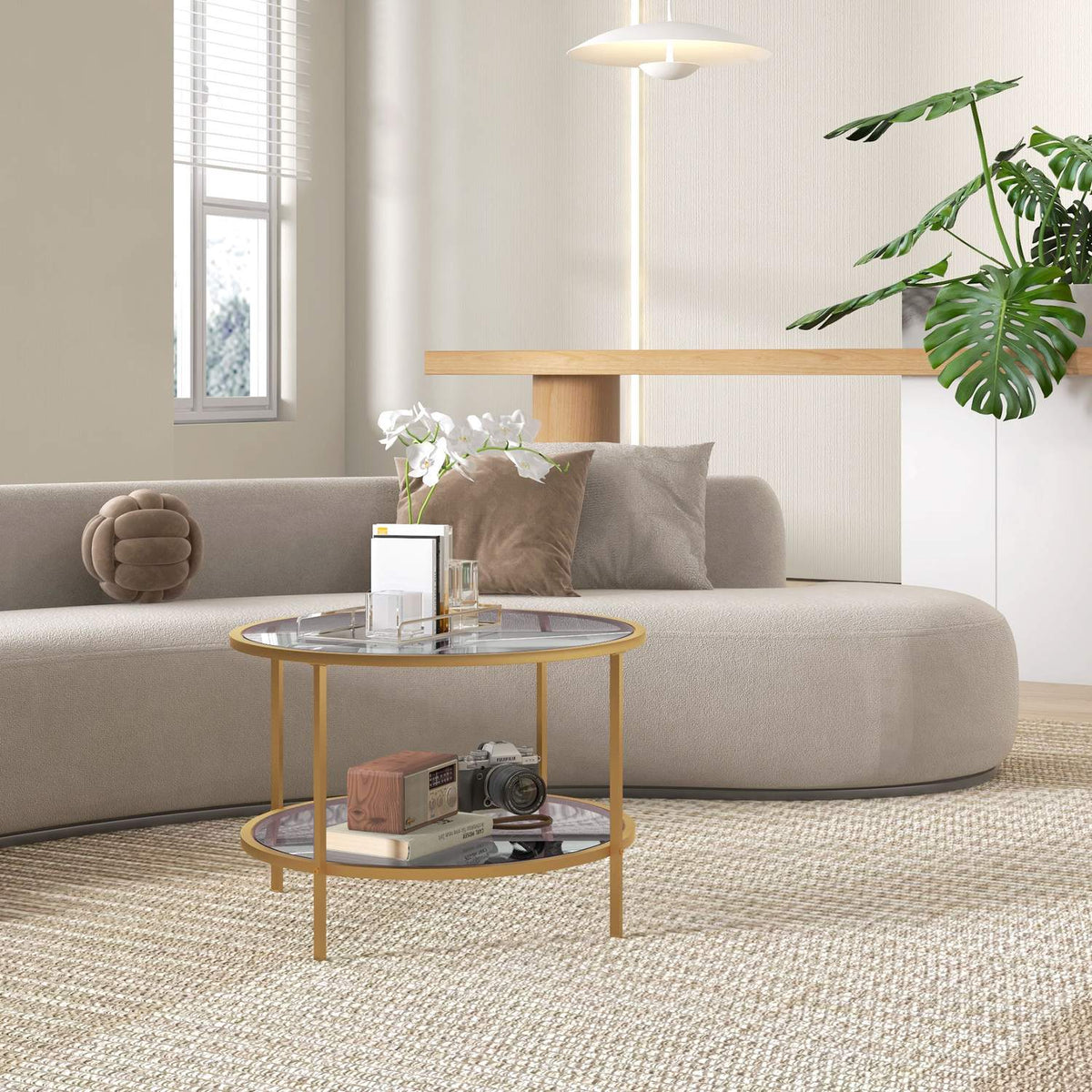 Side table round coffee table with shelf, steel frame, coffee table, bedside table for living room, bedroom, gold, Ø60 x 43 cm