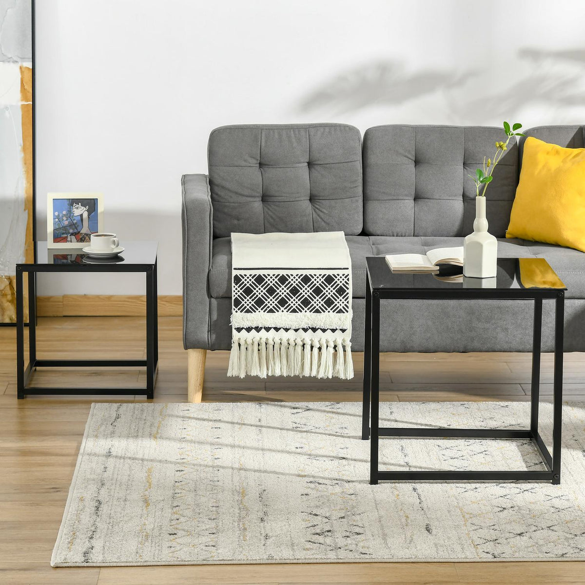 Side table set of 2, coffee table set, coffee table with glass table top, square sofa table, nesting table, steel, black