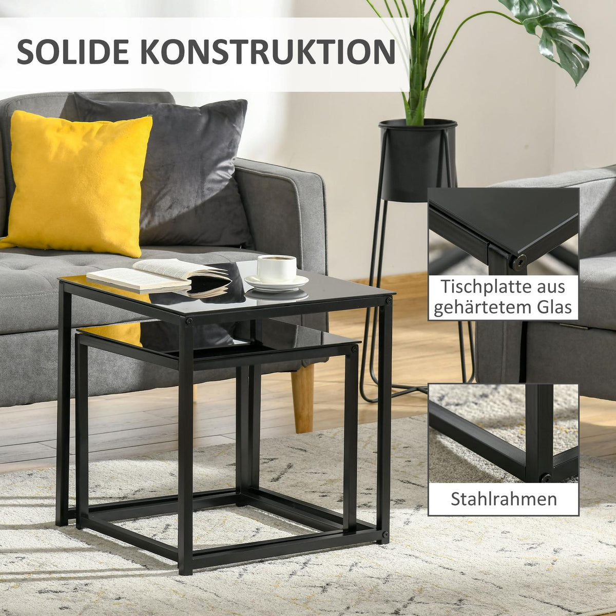 Side table set of 2, coffee table set, coffee table with glass table top, square sofa table, nesting table, steel, black