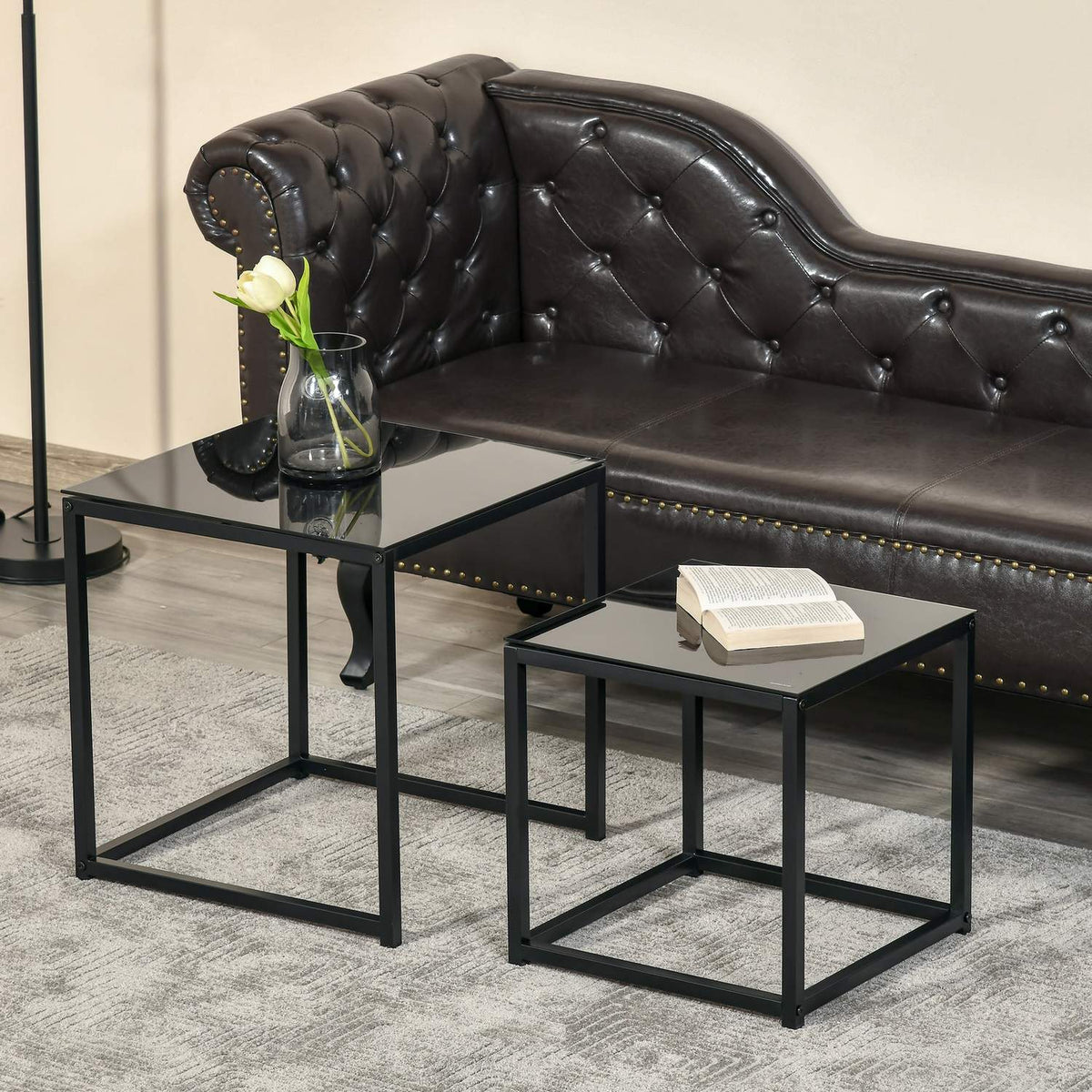Side table set of 2, coffee table set, coffee table with glass table top, square sofa table, nesting table, steel, black