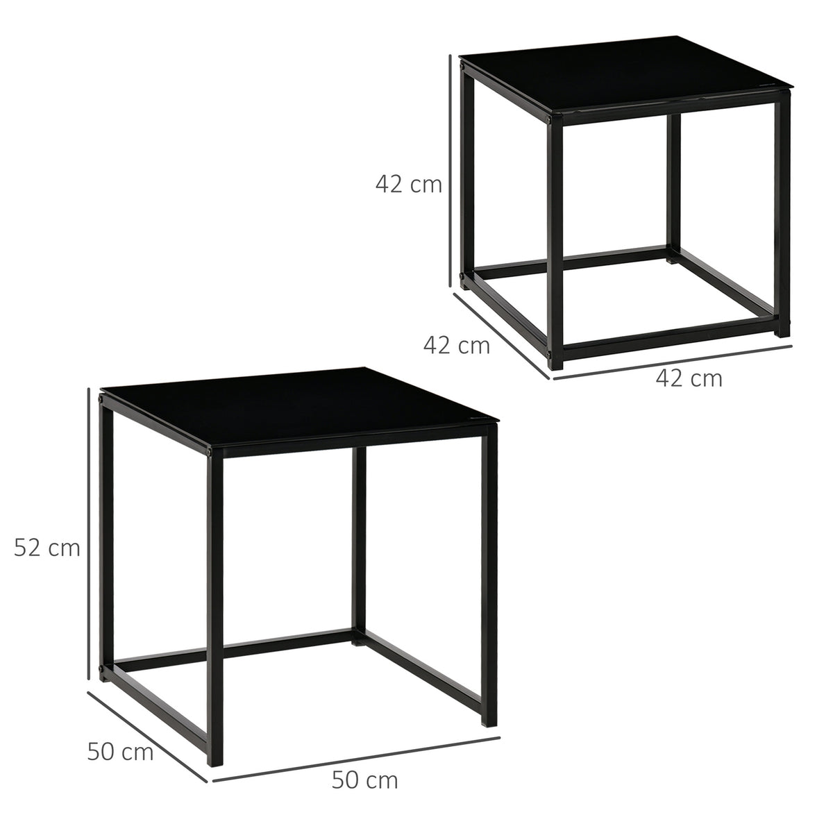 Side table set of 2, coffee table set, coffee table with glass table top, square sofa table, nesting table, steel, black