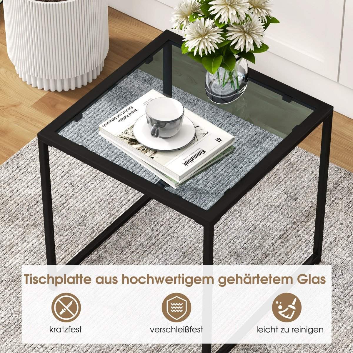 Side table small garden table balcony table with table top made of tempered glass 43 x 43 x 45 cm black