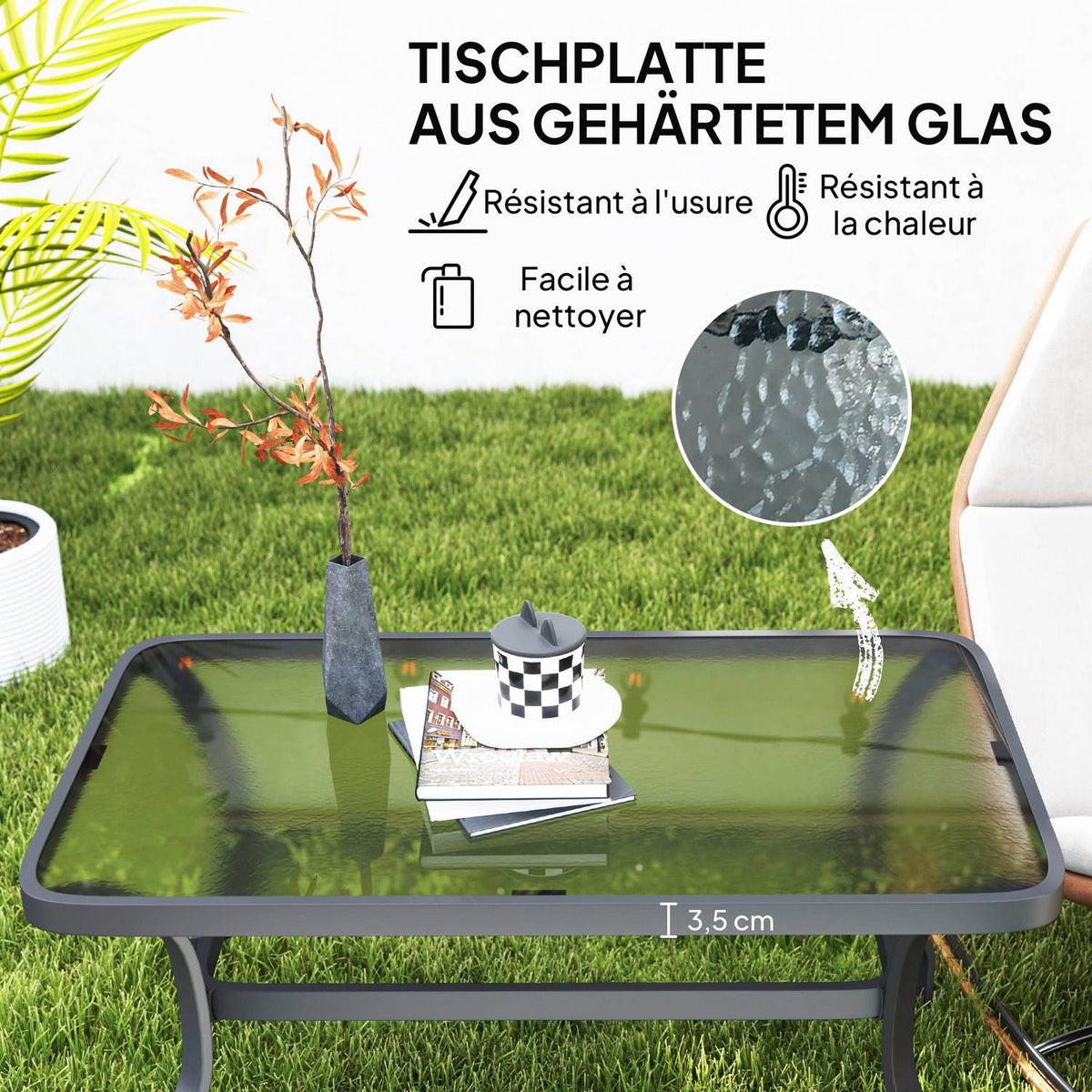Side table tempered glass coffee table coffee table with wave design, rounded corner balcony table garden table sofa table tea table garden furniture for living room garden terrace balcony, 95x55 cm black