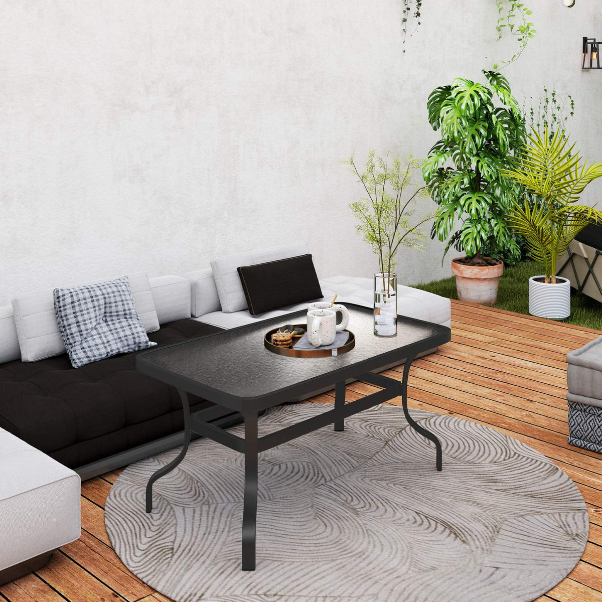 Side table tempered glass coffee table coffee table with wave design, rounded corner balcony table garden table sofa table tea table garden furniture for living room garden terrace balcony, 95x55 cm black