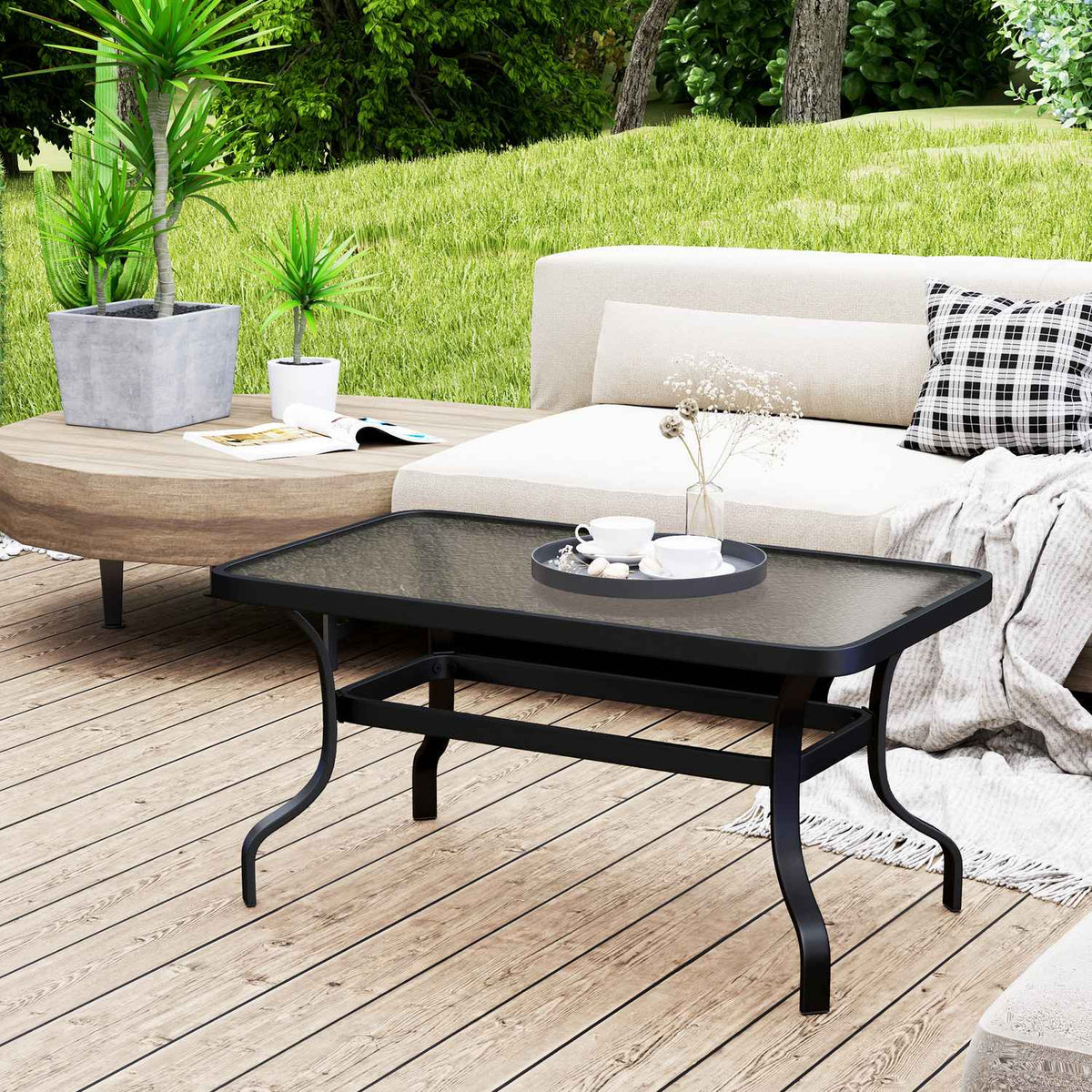 Side table tempered glass coffee table coffee table with wave design, rounded corner balcony table garden table sofa table tea table garden furniture for living room garden terrace balcony, 95x55 cm black