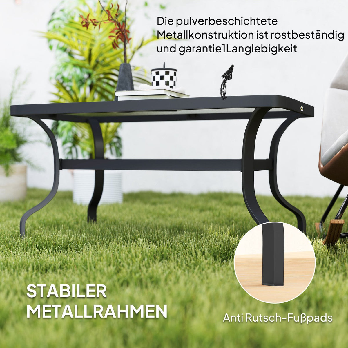 Side table tempered glass coffee table coffee table with wave design, rounded corner balcony table garden table sofa table tea table garden furniture for living room garden terrace balcony, 95x55 cm black