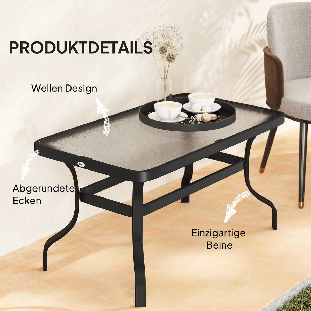Side table tempered glass coffee table coffee table with wave design, rounded corner balcony table garden table sofa table tea table garden furniture for living room garden terrace balcony, 95x55 cm black