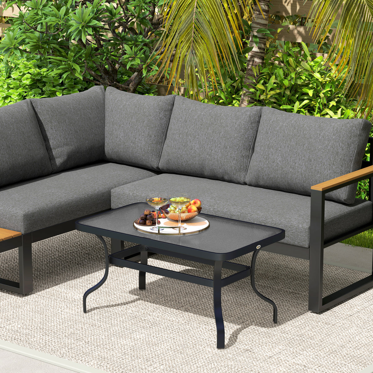Side table tempered glass coffee table coffee table with wave design, rounded corner balcony table garden table sofa table tea table garden furniture for living room garden terrace balcony, 95x55 cm black