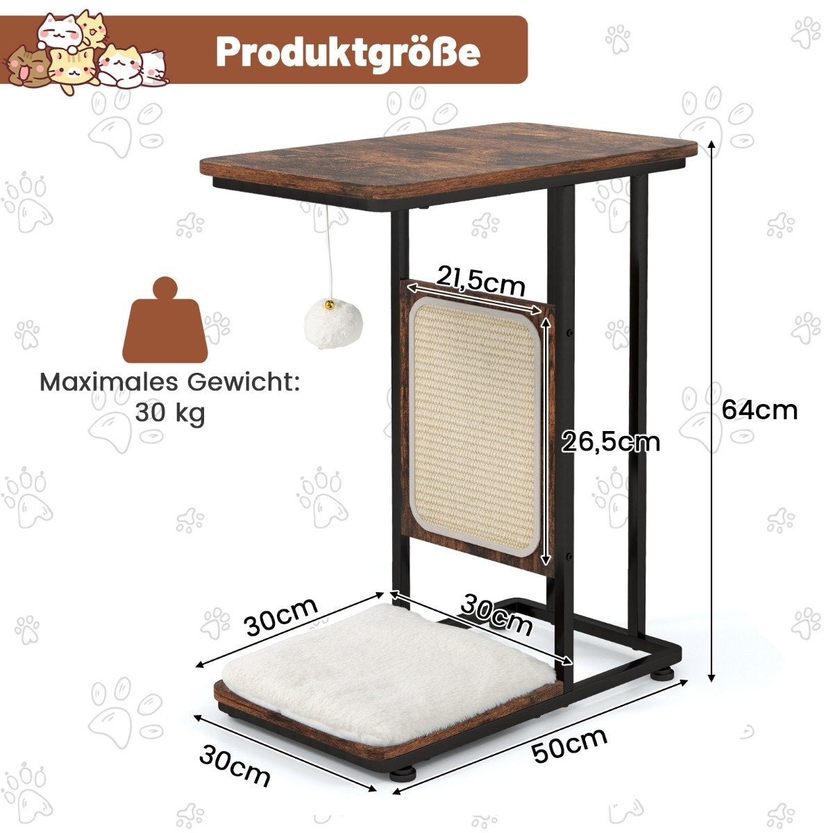 Side table with sisal scratching board 4 in 1 cat furniture cat scratcher with removable cushion & ball 50 x 30 x 64 cm rustic brown