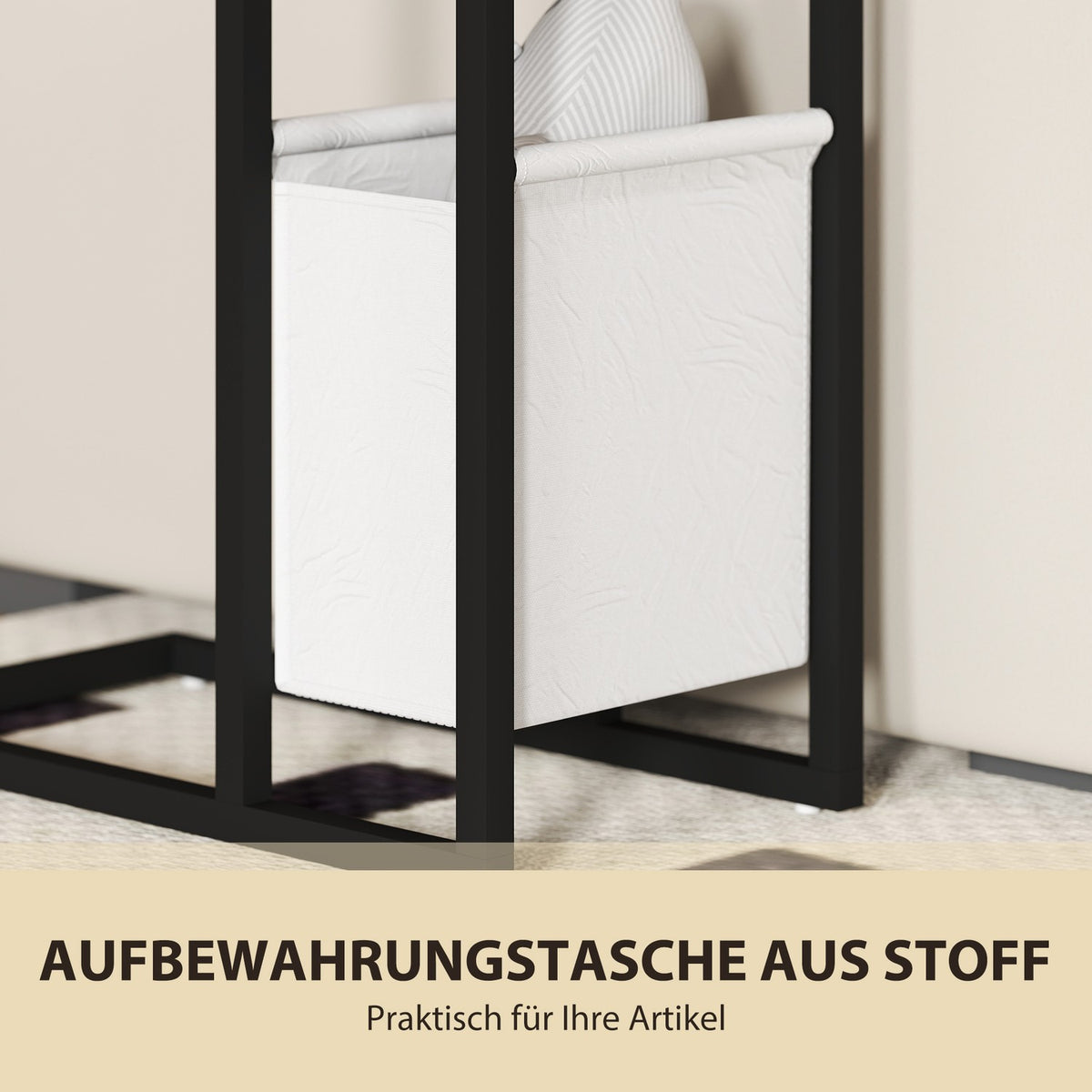 Side table with sockets, USB ports, cables, C-shaped design