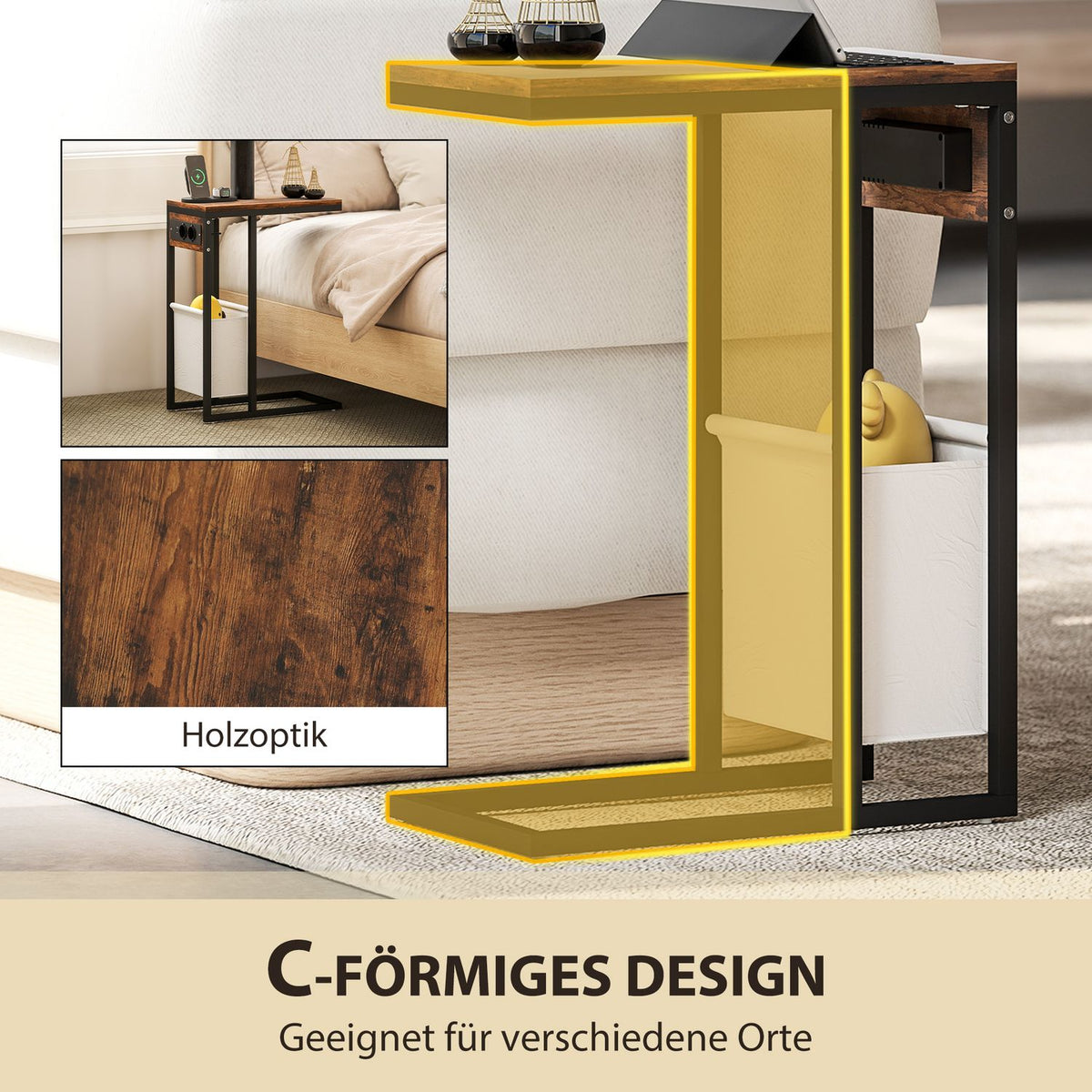 Side table with sockets, USB ports, cables, C-shaped design