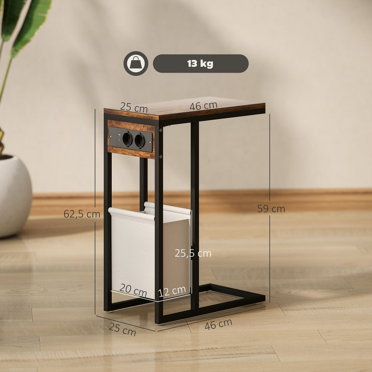 Side table with sockets, USB ports, cables, C-shaped design